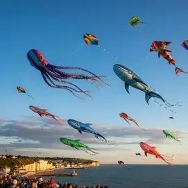 Cerfs-volants géants colorés flottant dans le ciel bleu de Dieppe